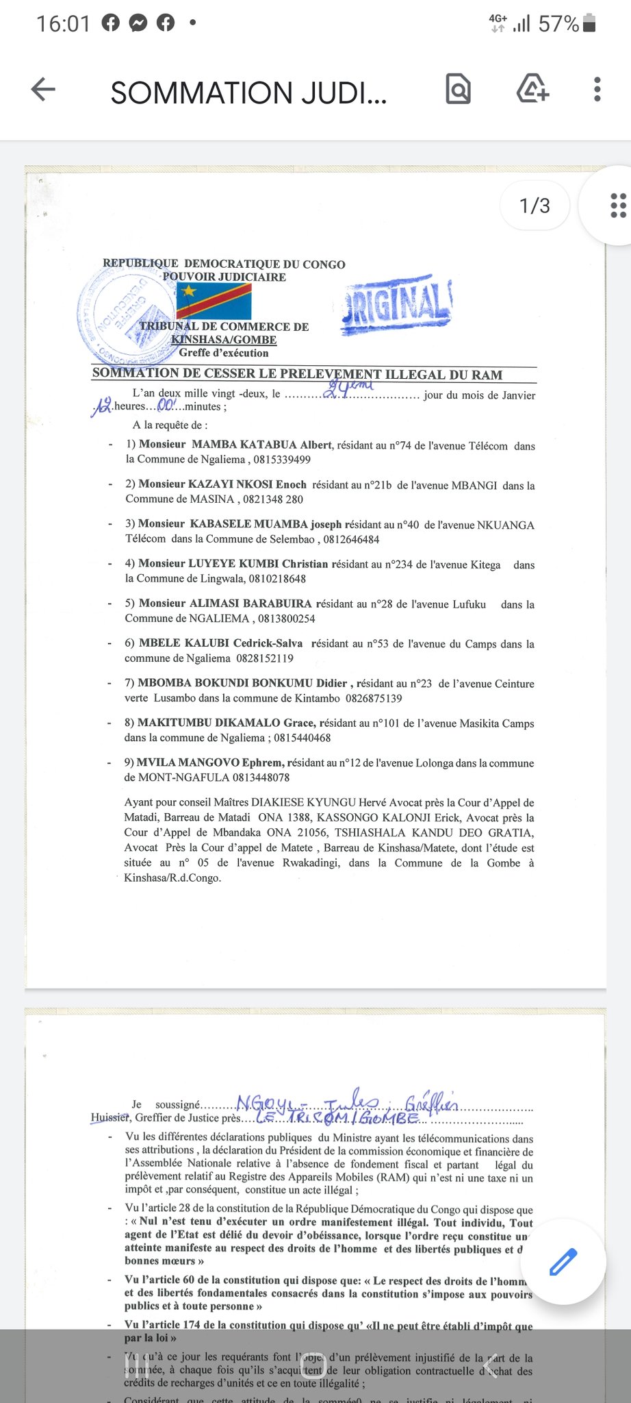 Lettre de Tricom de Kinshasa Gombe
