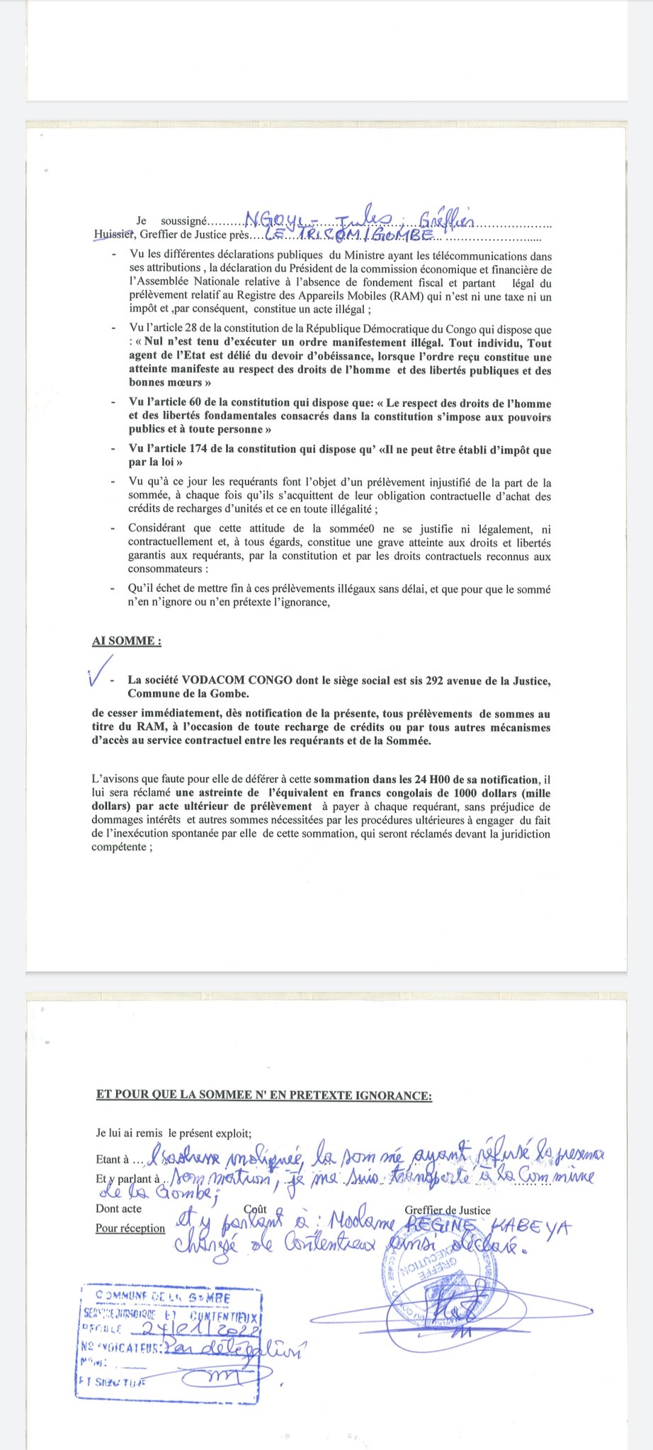 Lettre de Tricom de Kinshasa Gombe