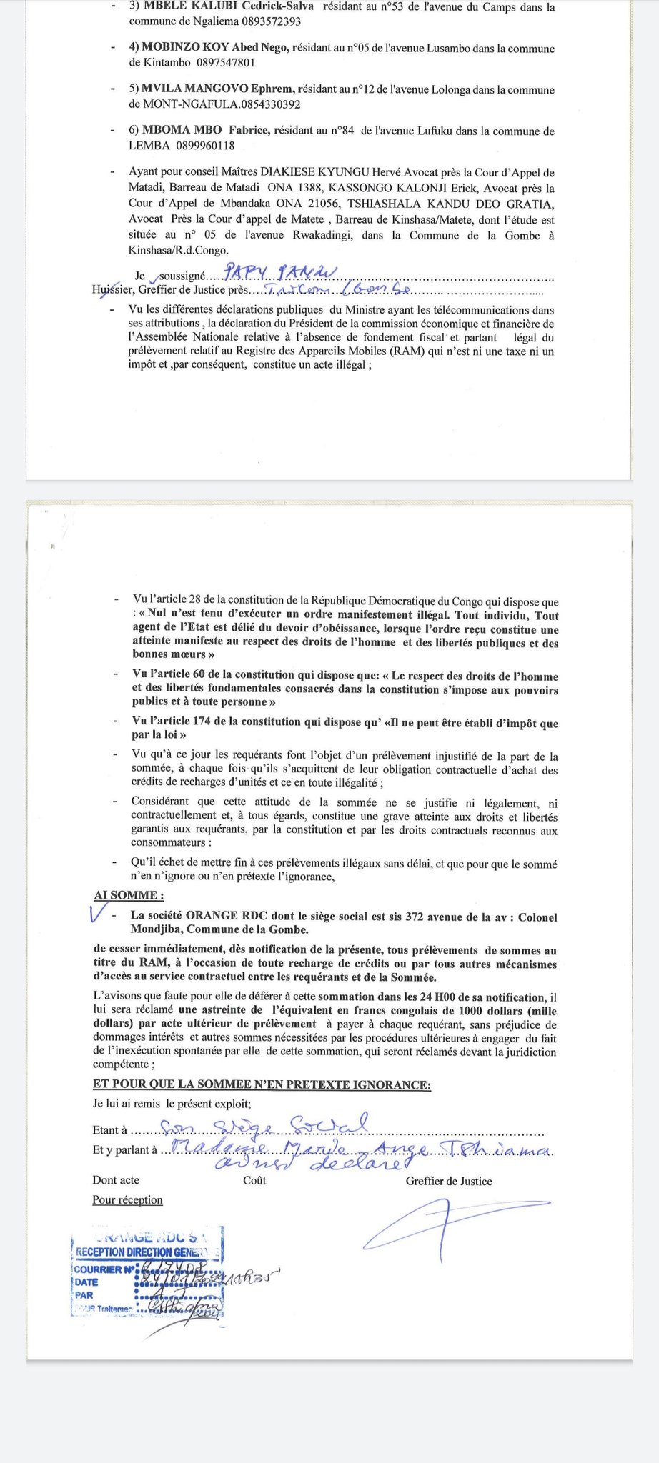 Lettre de Tricom de Kinshasa Gombe