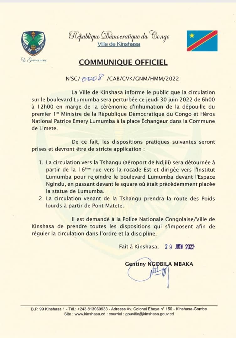 Communiqué de l'HVK sur la perturbation de circulation sur le boulevard Lumumba