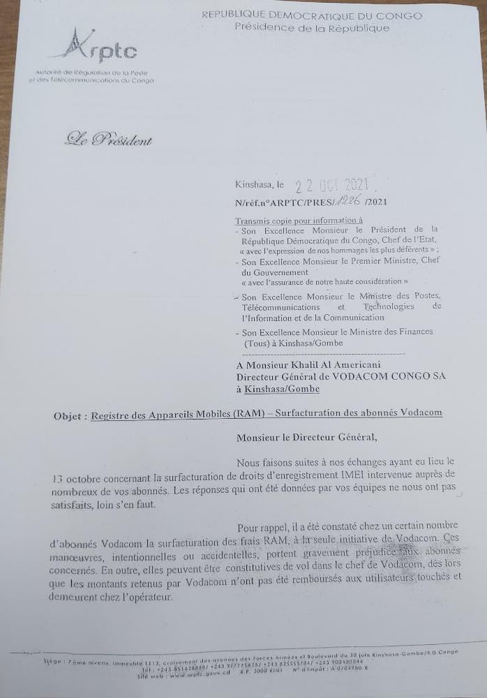 Ci-dessous, la correspondance du Président de l'ARPTC à Vodacom Congo