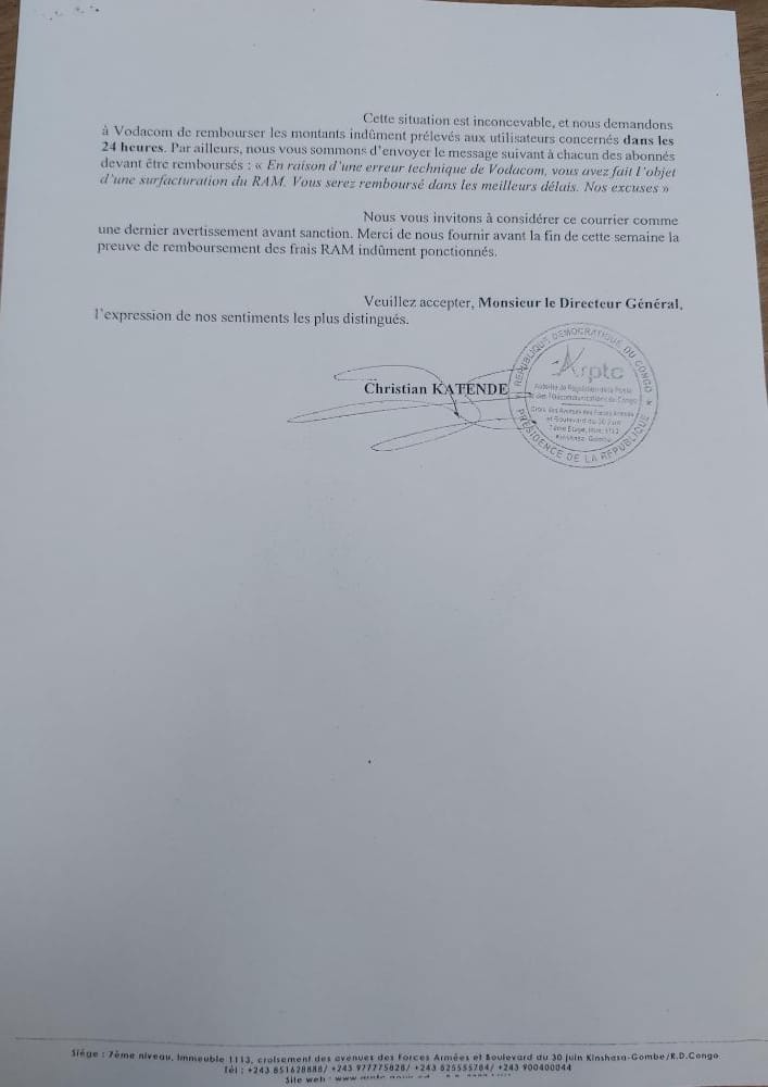 Ci-dessous, la correspondance du Président de l'ARPTC à Vodacom Congo