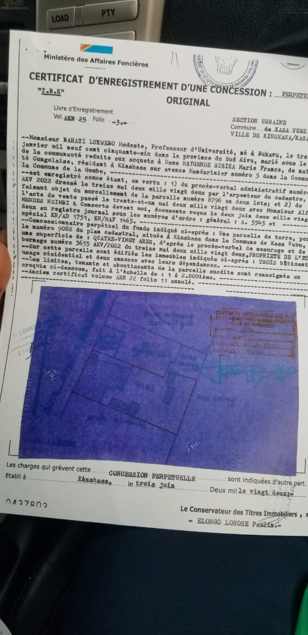 Certificat d'enregistrement illégalement établi en faveur de Bahati depuis le 3 juin
