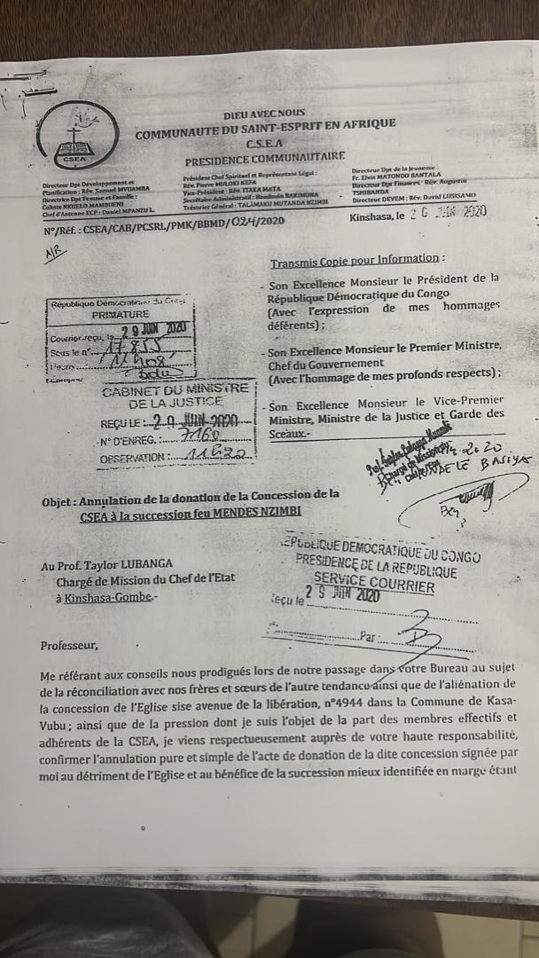 Lettre du retrait de la cession aux enfants Nzimbi écrite à Taylor Lubanga, Chargé de mission du chef de l'État 