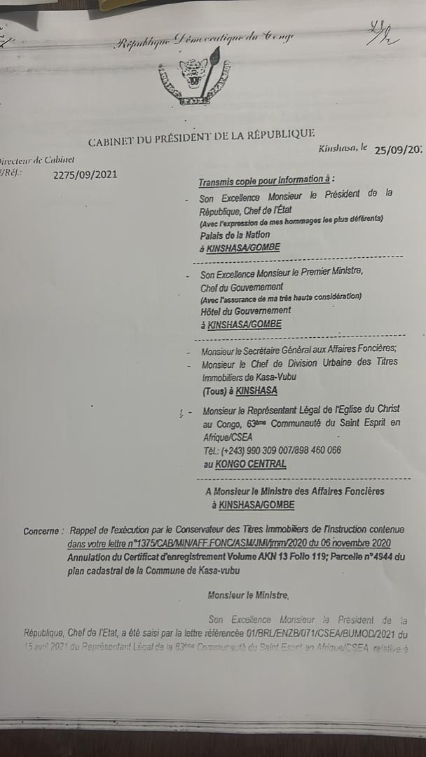 Lettre du Dircaba ECOFIN du chef de l'État, André Wameso 