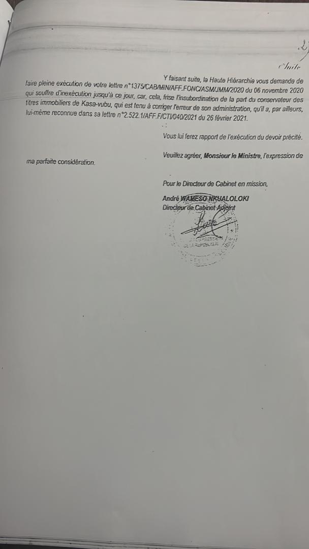 Lettre du Dircaba ECOFIN du chef de l'État, André Wameso (Suite)