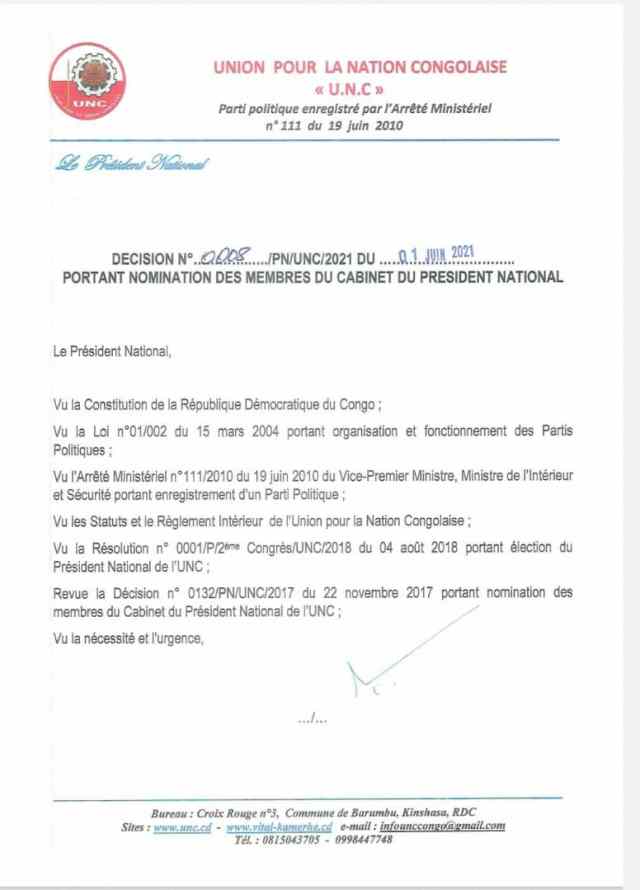 Vital Kamerhe nomme michel moto