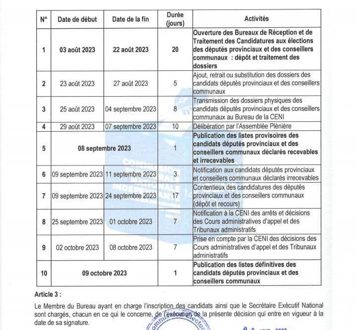Calendrier d'activités CENI
