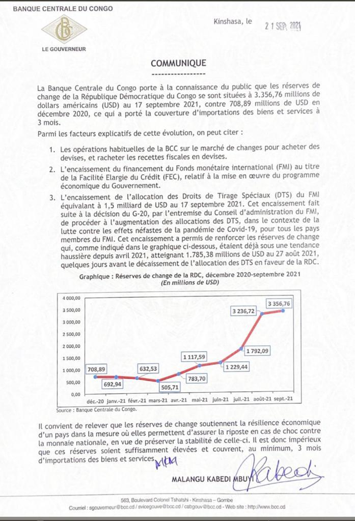 COMMUNIQUE DE LA BCC