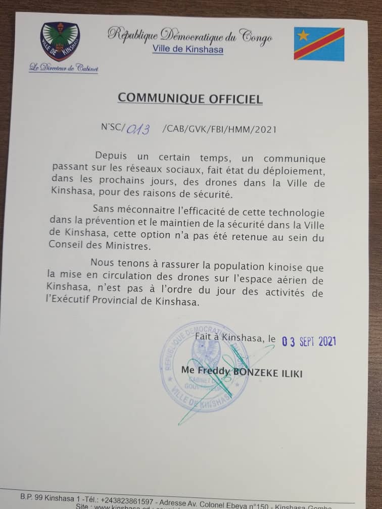 Communiqué officiel  du Dircab de la ville de Kinshasa
