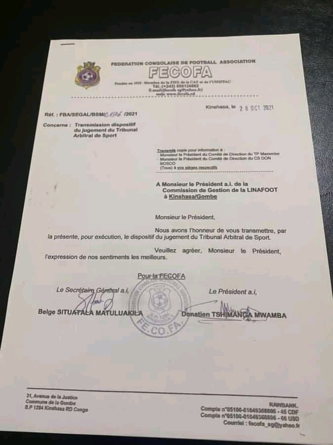 Lettre de la FECOFA 