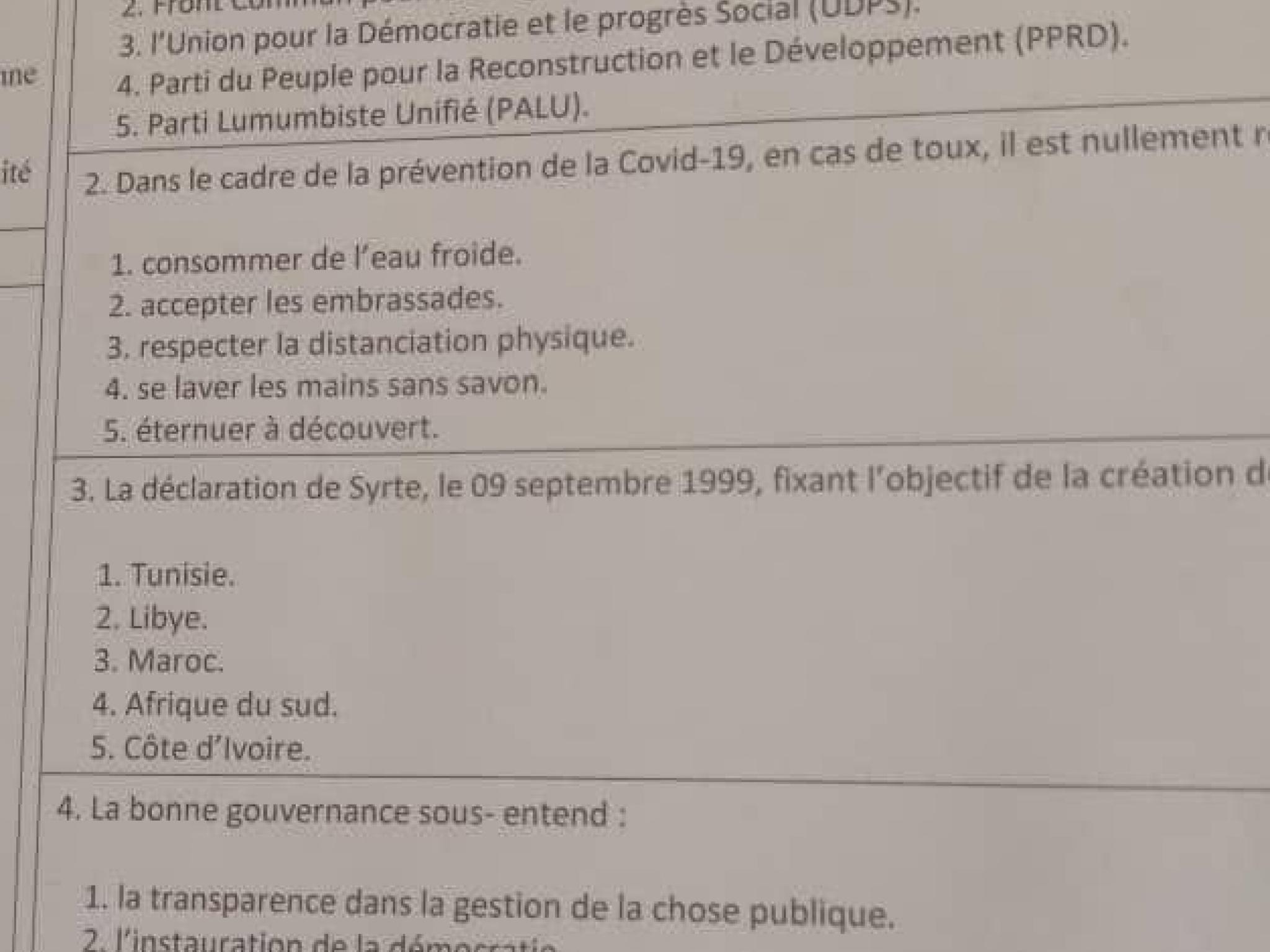 RDC: un item de culture générale, EXETAT édition 2020-2021