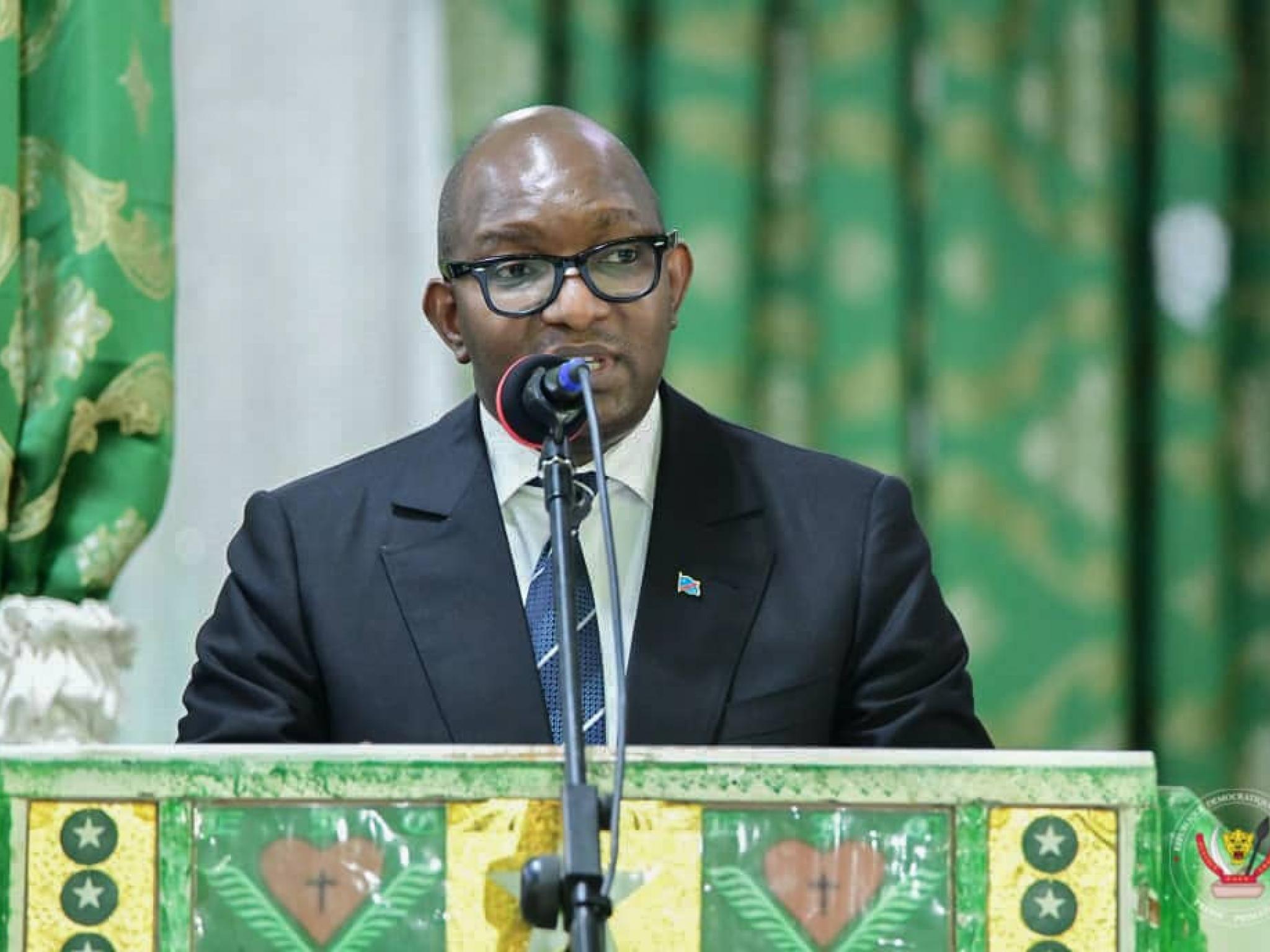 Le premier ministre Jean-Michel Sama Lukonde, lors de son intervention à l'occasion de la commémoration du 70è anniversaire de la mort de Papa Simon Kimbangu, A Nkamba, “Nouvelle Jérusalem”
