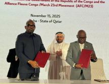 Sumbu Sita Mambu du Gouvernement congolais et Benjamin Mbonimpa du M23-AFC après la signature de l’accord-cadre de paix sous la supervision du Qatar et des USA [photo d’illustration]