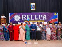 La Première ministre Judith Suminwa et le président de la Chambre basse du Parlement Aimé Boji avec les femmes parlementaires à la cérémonie de lancement officiel du REFEPA, samedi 06 juin 2026