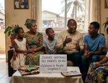 Une famille congolaise réunie pour échanger et célébrer la Journée nationale des parents, Image d’illustration générée par l’IA.