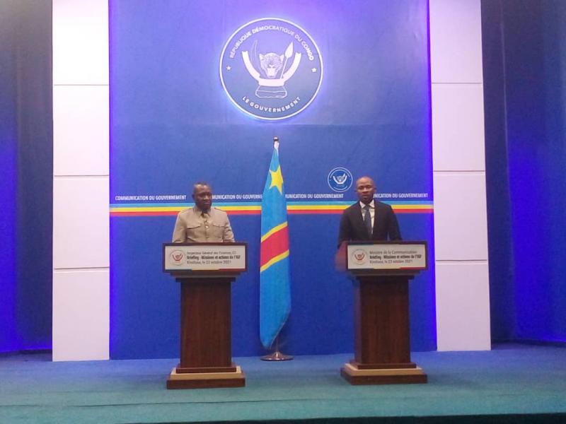 L'inspecteur Général des Finances, Jules Alingete lors d'un briefing organisé par le ministre des médias, Patrick Muyaya ce samedi 23 octobre à Kinshasa