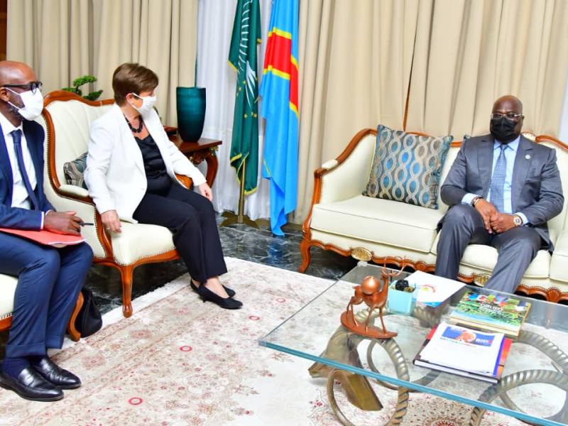 Le président de la RDC, Félix Tshisekedi lors d'un échange avec la directrice générale du FMI, Kristalina Georgieva à Kinshasa