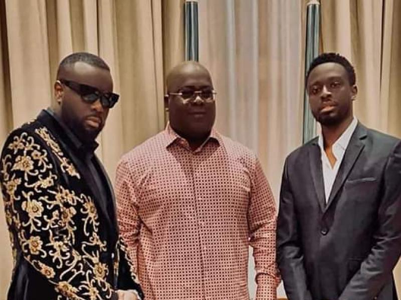 De gauche à droite Maître Gims, Félix Tshisekedi (chef de l'État) et Dadju.