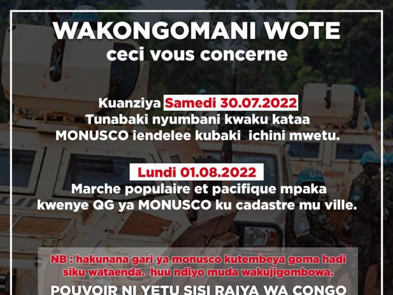 Affiche annonçant les prochaines manifestations contre la Monusco