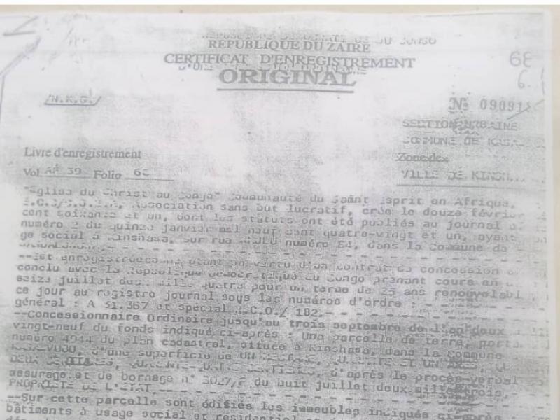 Le certificat d'enregistrement Original de la donation de Mobutu à l'ECZ