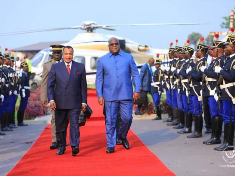 Félix Tshisekedi, président de la République Démocratique du Congo  accueillant Denis Sassou N'guesso, président de la république du de la République Congo, à sa résidence du Mont Ngaliema