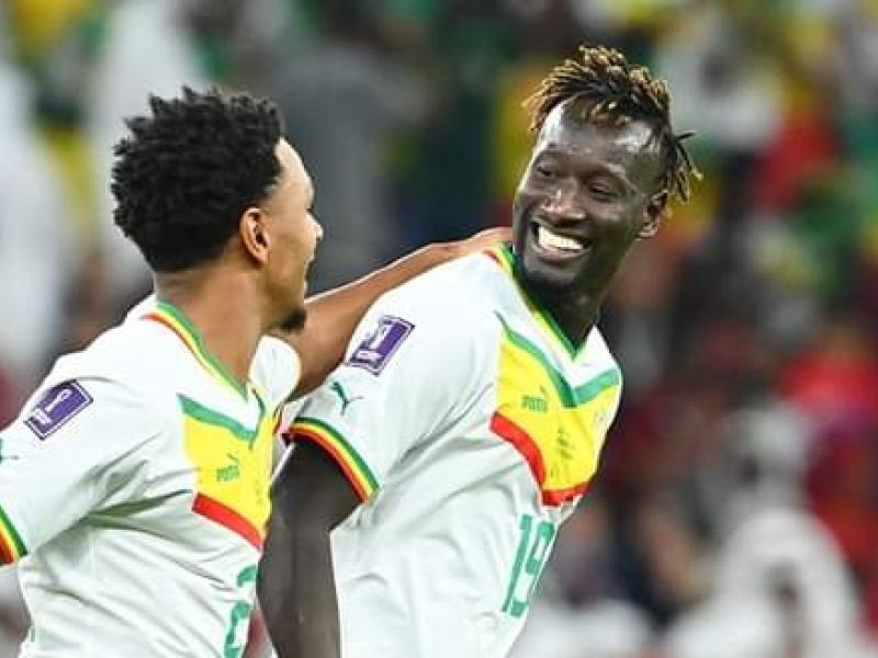 Deux joueurs sénégalais en pleine célébration d'un but face au Qatar.