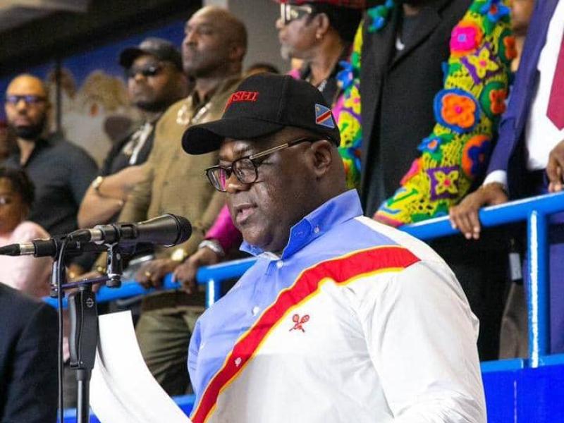 Le Chef de l'État, Félix Tshisekedi lors de son discours à la clôture des IXès Jeux de la Francophonie au stade des martyrs.