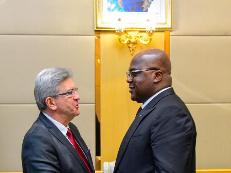 Homme politique français, Jean-Luc Mélenchon et le Président de la RDC Félix Tshisekedi au Palais de la Nation, jeudi 26 octobre 2023