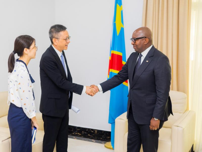 Poignée des mains entre le Premier Sama Lukonde et Zhang Jian An, PDG de China Jiangxi