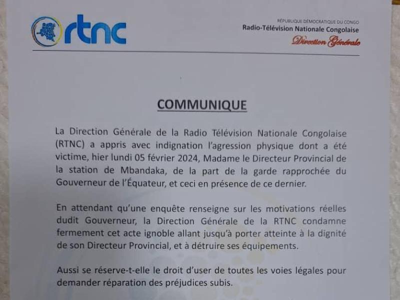 Communiqué de la RTNC sur l'agression la Directrice Provincial Station Mbandaka