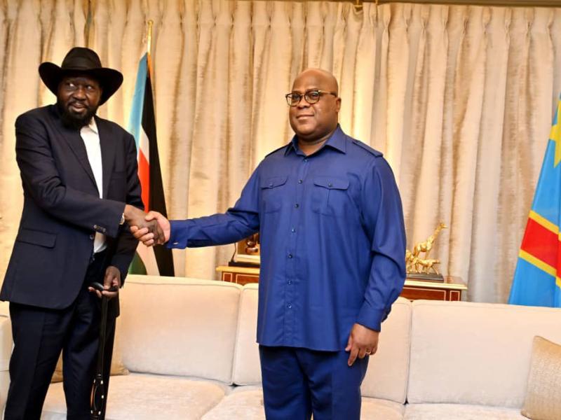 Poignée de main entre Félix Antoine Tshisekedi Tshilombo et son homologue du Sud du Soudan Salva Kiir Mayardit