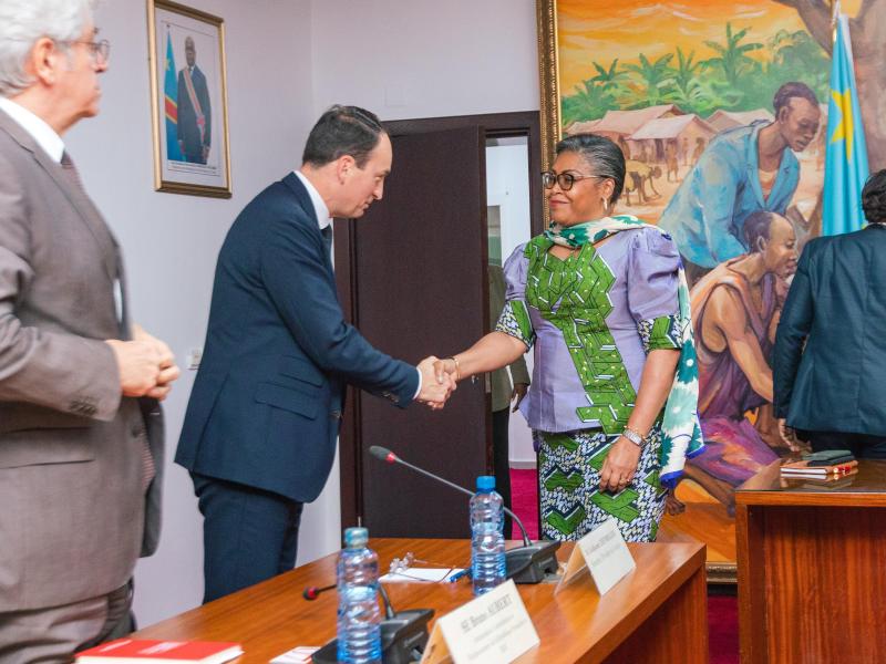 La Première ministre Judith Suminwa Tuluka saluant les sénateurs français membres de la délégation du Groupe d'amitié France-Afrique centrale