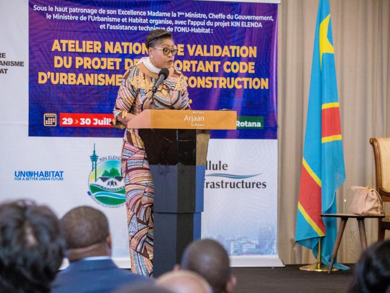 La Première ministre Judith Suminwa Tuluka lors de l'ouverture de l'atelier national de validation de l'avant-projet de loi portant Code d'Urbanisme et de Construction de la RDC