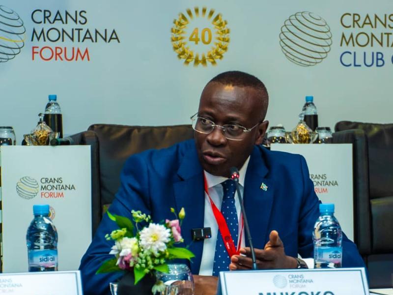 Daniel Mukoko Samba, Vice-premier ministre, ministre en charge du Budget, tient son discours au Forum Crans Montana à Casablanca