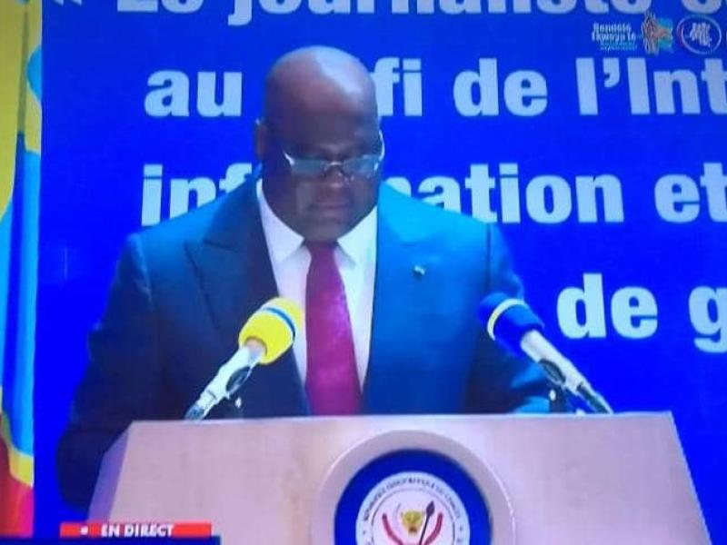 Le chef de l'État Félix Tshisekedi lors de son allocution à l'occasion de la journée mondiale de la liberté de la presse en RDC, lundi 05 mai 2025