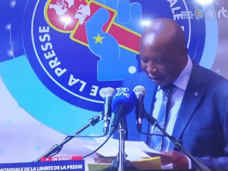 Le président de l'UNPC, Baudouin Kamanda wa Kamanda, lors de son allocution à la 32e Journée mondiale de la liberté de la presse