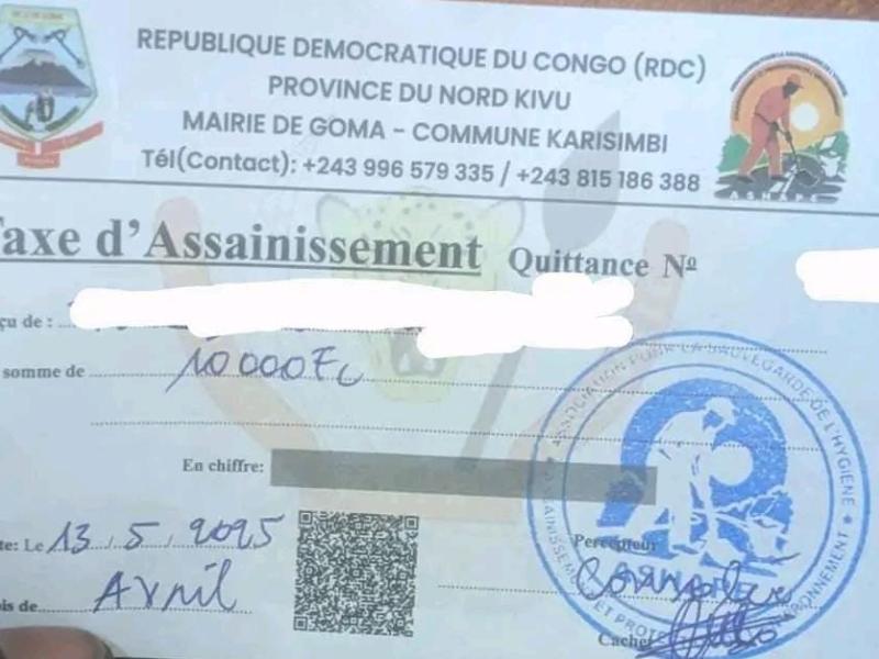 Une quittance de perception de la taxe dite d’assainissement par la rébellion du M23-AFC dans la ville de Goma [photo d’illustration]