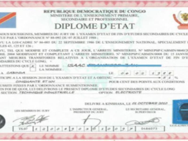 Specimen d’un diplôme d’Etat en RDC [photo d’illustration]