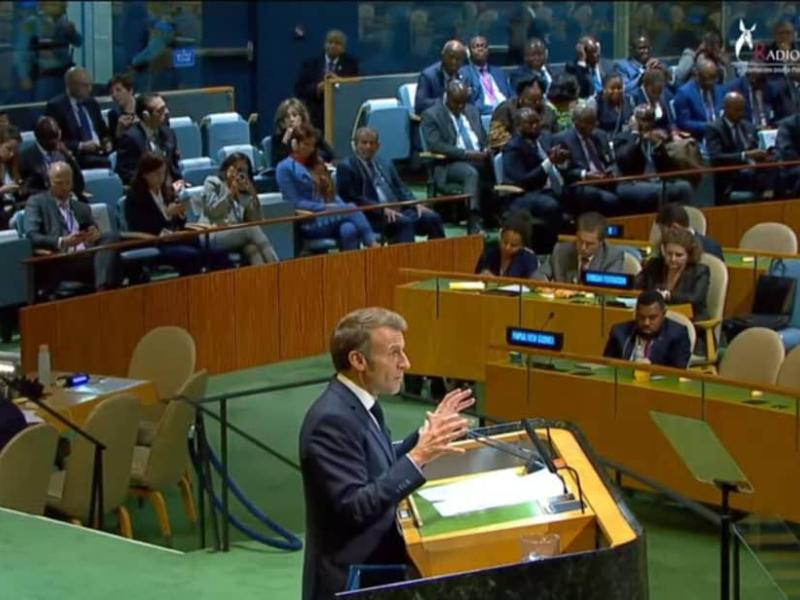 Emmanuel MACRON, Président de la République française, à la Tribune de la 80e Assemblée générale des Nations-Unies ce mardi 23 septembre 2025