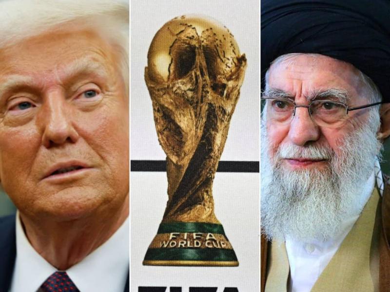 Donald TRUMP, président américain, le trophée de la Coupe du monde 2026 et l'Ayatollah ROUHOLLAH KHOMEINI, Guide suprême de la révolution islamique d'Iran [photo d'illustration]