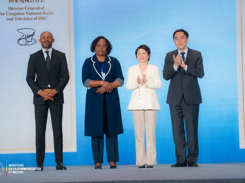 Le ministre de la communication et médias Patrick Muyaya, la DG de la rtnc Sylvie Elenge, et le président du China Media Group [photo d'illustration]