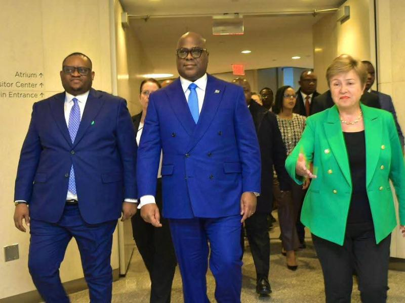 De gauche à droite : ministre Doudou Fwamba, le Président Félix Tshisekedi et la DG du FMI  [photo d’illustration]