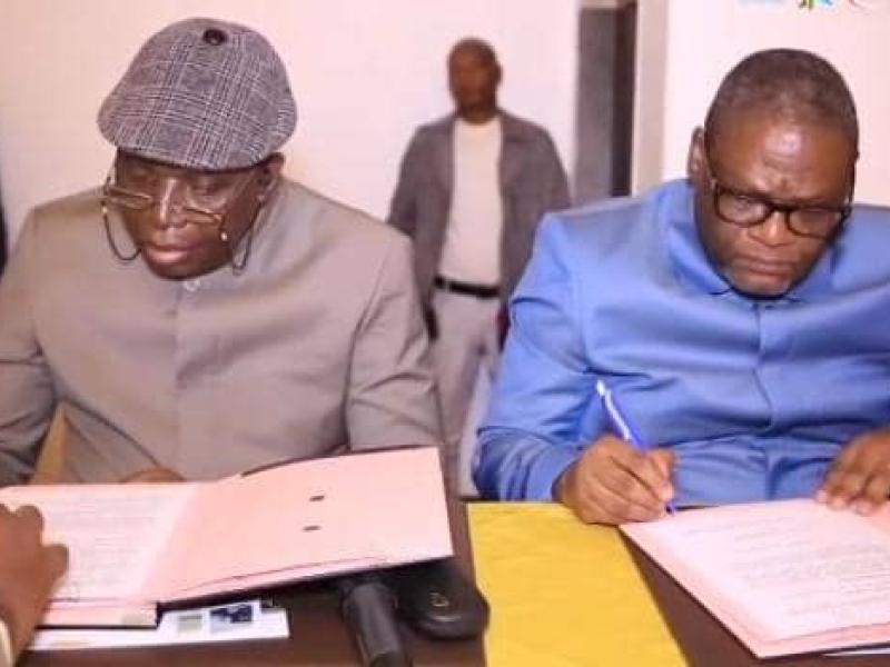 Le DG de l'INPP, Godefroid Stanislas Tshimanga et l'administrateur secrétaire exécutif de l'ANEP, Patrick Ngulu Mbiobawhul lors d'une signature de partenariat entre leurs structures receptives