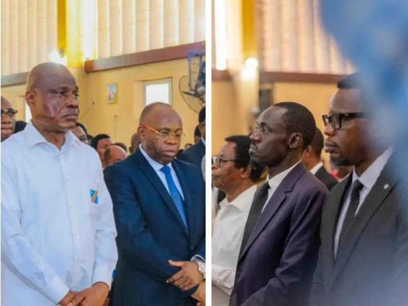 Martin Fayulu, Devos Kitoko, Prince Epenge et Lexxus Legal lors de la messe à la paroisse Saint Joseph Matonge. [Photo d'illustration]
