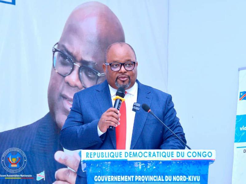 Aimé Boji Sangara, président de l’Assemblée nationale, lors de son discours de clôture du Forum provincial sur la paix, au Nord-Kivu