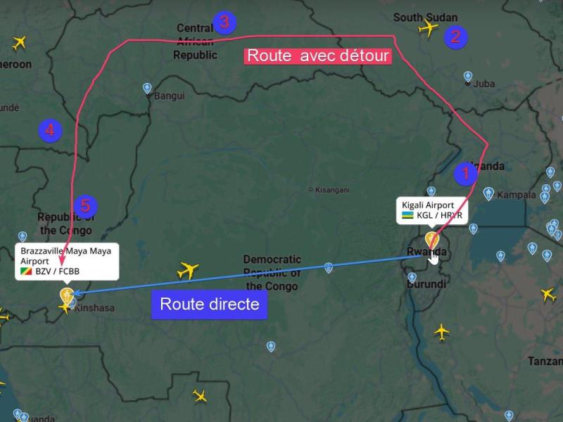 En rouge, la supposée trajectoire prise par l'avion présidentiel rwandais