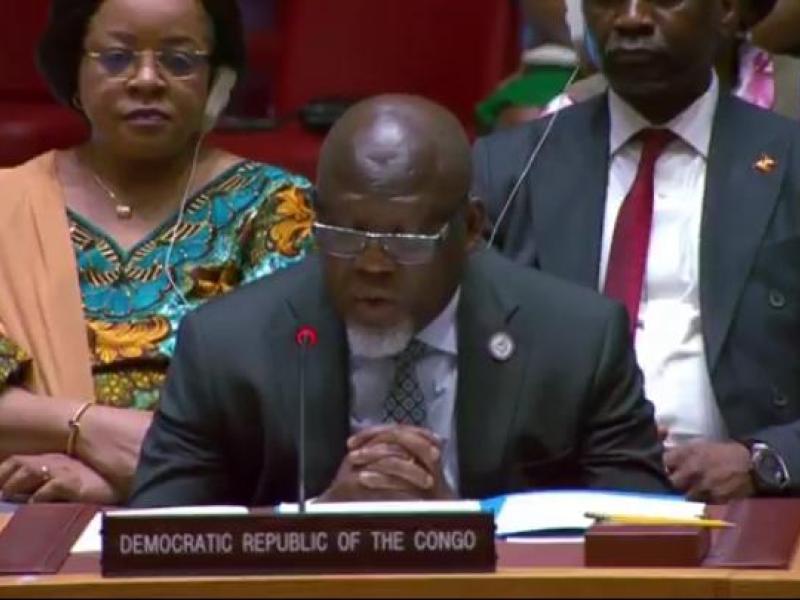 Zénon Mukongo Ngay, Représentant de la RDC au Conseil de sécurité de l'ONU, lors de son intervention de ce mercredi 15 avril 2026