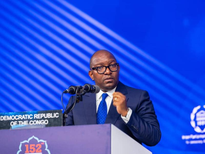 Jean-Michel Sama Lukonde intervenant lors de la 152ᵉ Assemblée de l’Union interparlementaire, à Istanbul