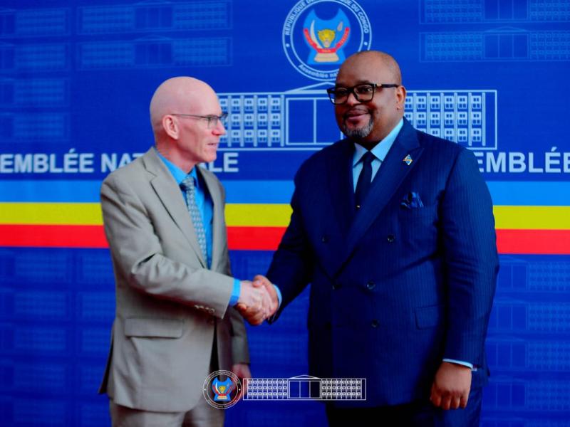 Le chef de la MONUSCO, James Swan, et le président de l'Assemblée nationale Aimé Boji, ce jeudi 30 avril 2026